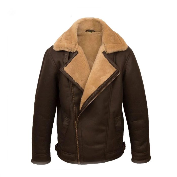 Asymmetrical Leather Brown Shearling Jacket Mens - Image 1