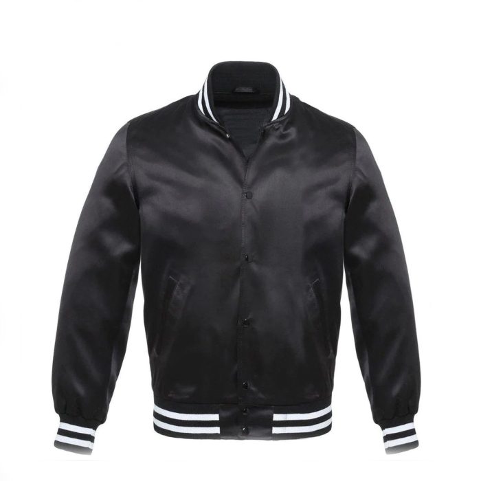 Black Bomber Style Satin Varsity Jacket With White Stripes - Image 1