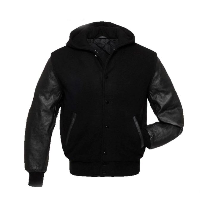 Black Wool Hoodie Varsity Jacket With PU Leather Sleeves - Image 1