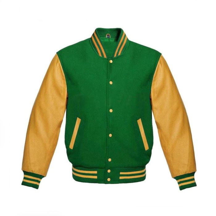 Green Wool & Gold Leather Sleeves Varsity jacket - Image 1