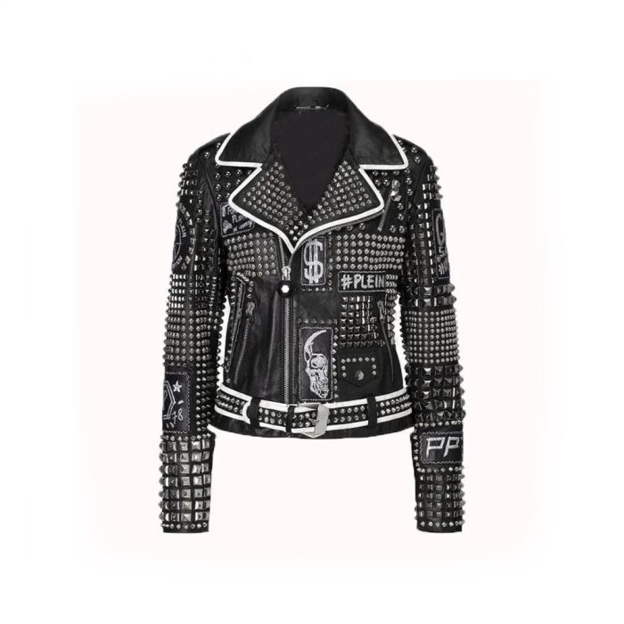 Handmade Women Philip Plein Black Fashion Studded Punk Style Leather Jacket - Image 1