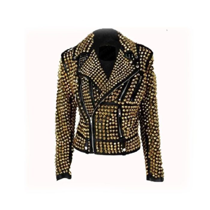 Handmade Women's Black Fashion Golden Studded Punk Style Leather Jacket - Image 1