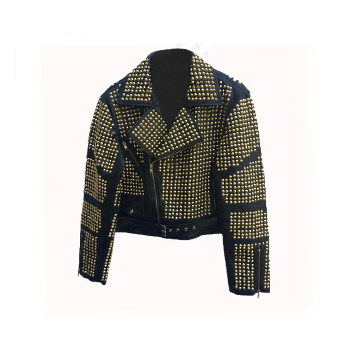Handmade Womens Black Fashion Golden Studded Punk Style Leather Jacket - Image 1