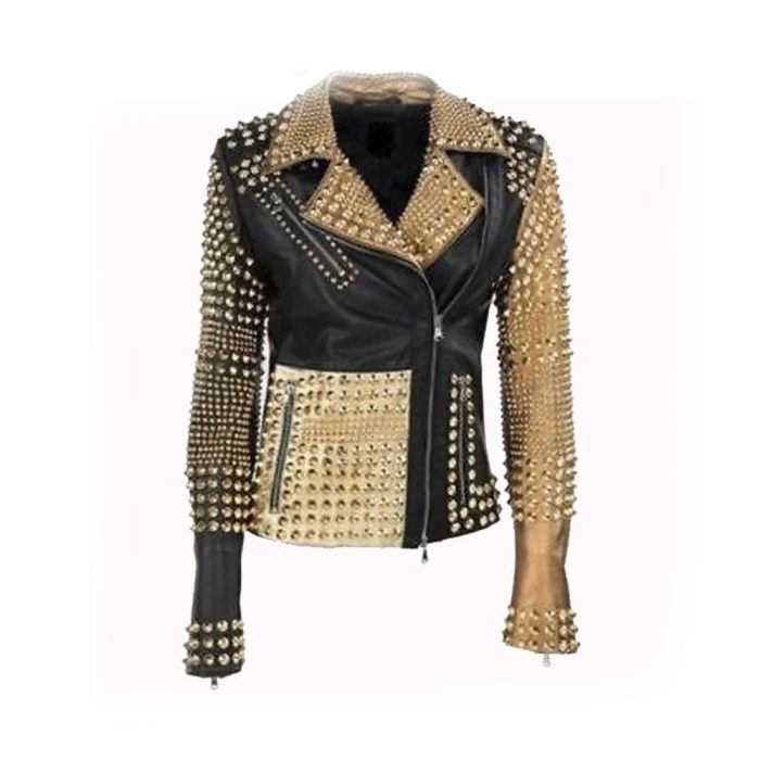 Handmade Womens Fashion Golden Studded Punk Style Leather Jacket - Image 1
