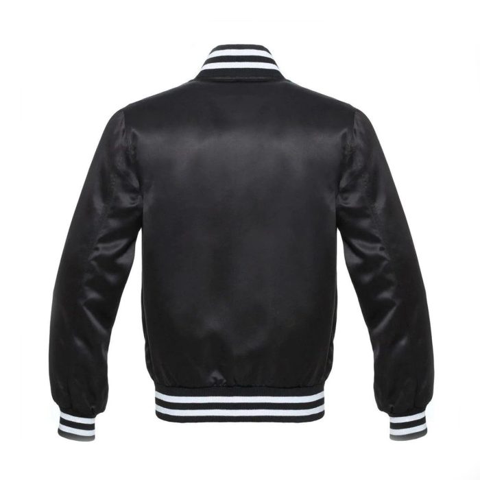 Black Bomber Style Satin Varsity Jacket With White Stripes - Image 3