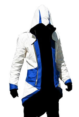 Assassins Creed White and Blue Hooded Leather Coat