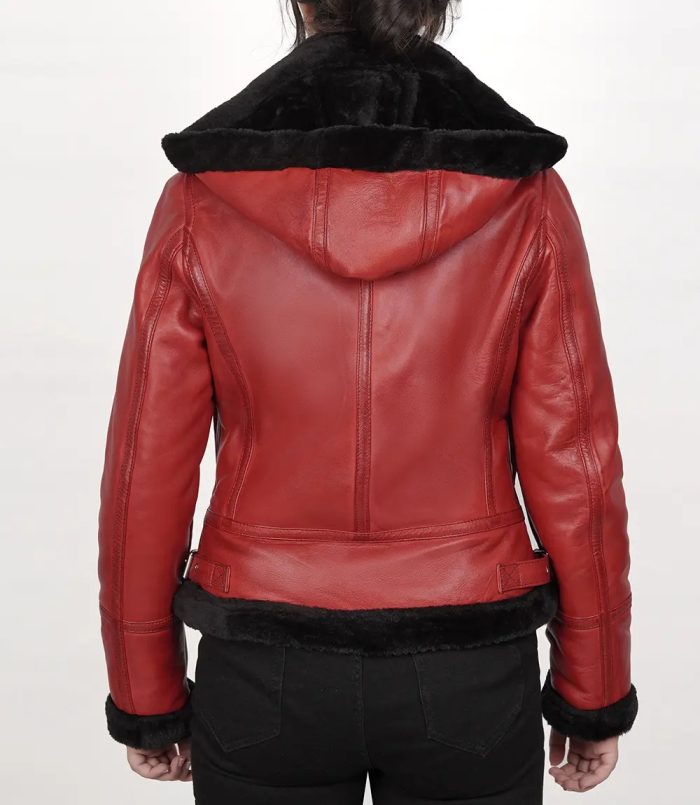 Classic Women's Red Shearling Leather Bomber Jacket with Hood