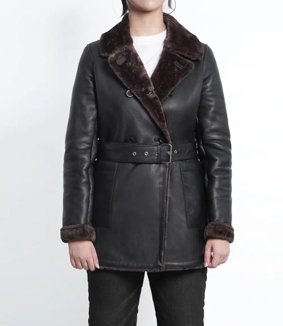 Fashionable Dark Brown Women's Leather Coat with Shearling
