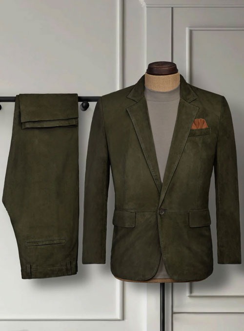 Olive Green Suede Leather Suit – Unleash Refined Rebellion