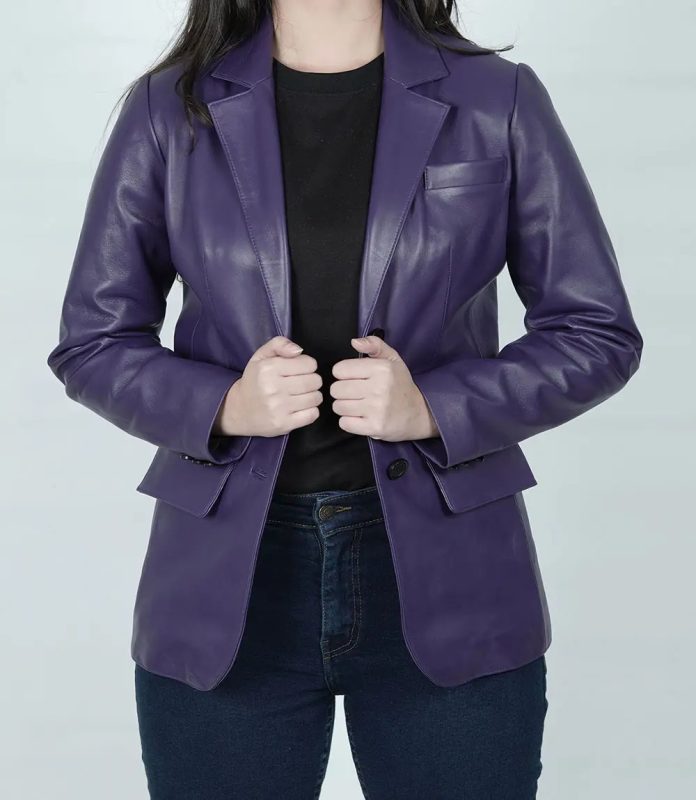 Purple Leather Blazer Jacket for Women – Two-Button Style