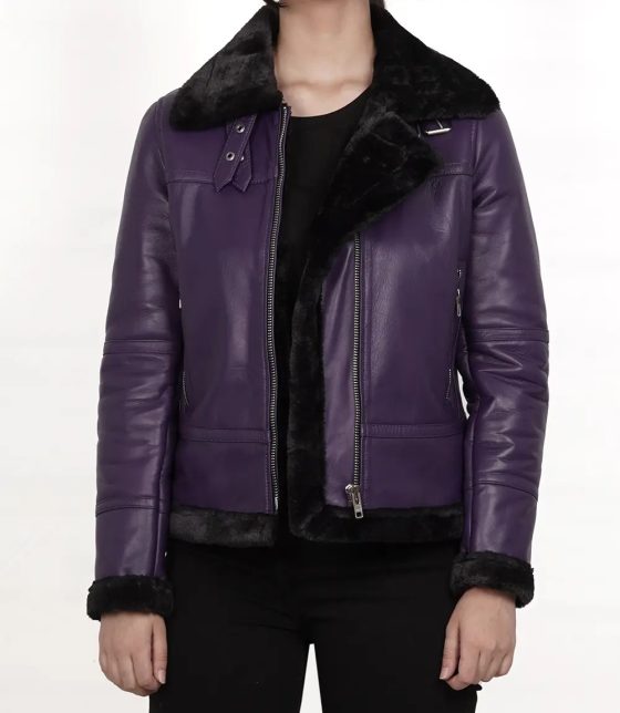 Stylish Women's Purple Shearling Leather Bomber Jacket