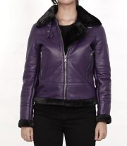 Stylish Women's Purple Shearling Leather Bomber Jacket