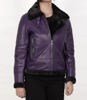 Stylish Women's Purple Shearling Leather Bomber Jacket