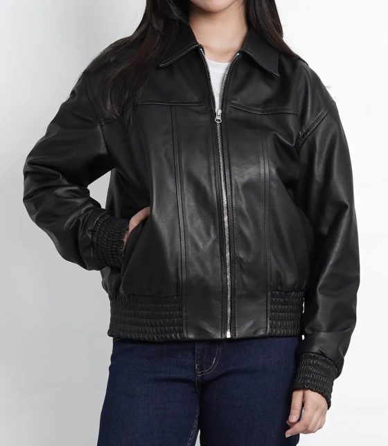 Women's Black Leather Bomber Jacket in Oversized Style