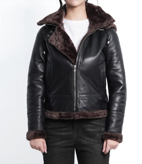 Warm Women's Dark Brown Shearling Leather Bomber Jacket with Hood