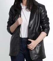 Women’s Black Leather Blazer Jacket in Oversized Style
