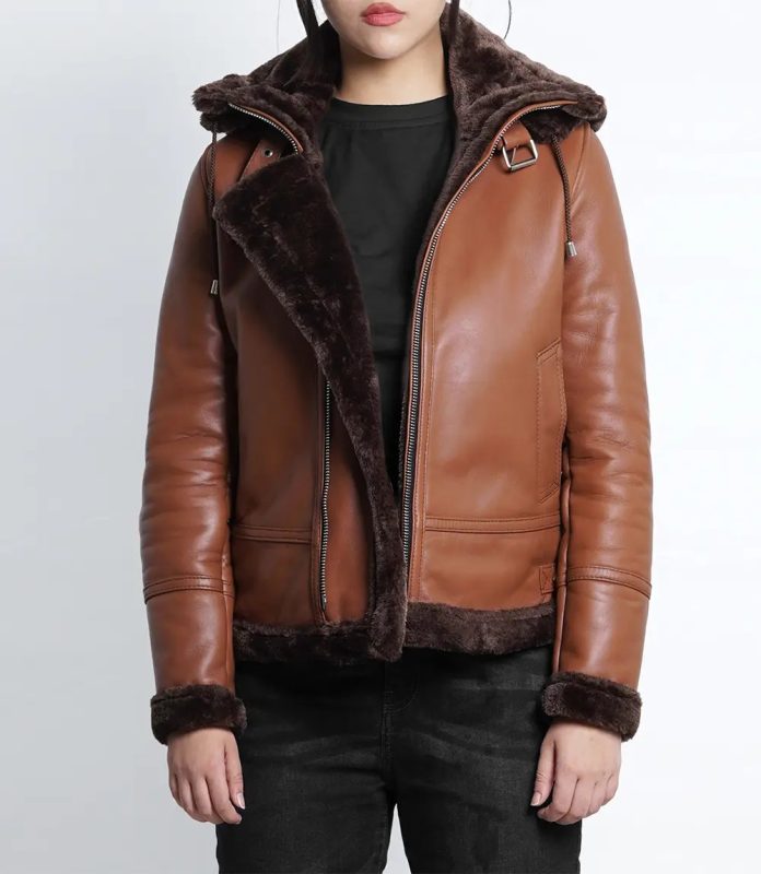 Women's Cognac Shearling Bomber Leather Jacket with Hood