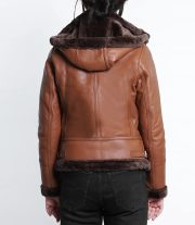 Women's Cognac Shearling Bomber Leather Jacket with Hood