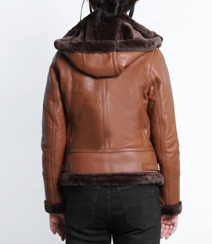Women's Cognac Shearling Bomber Leather Jacket with Hood