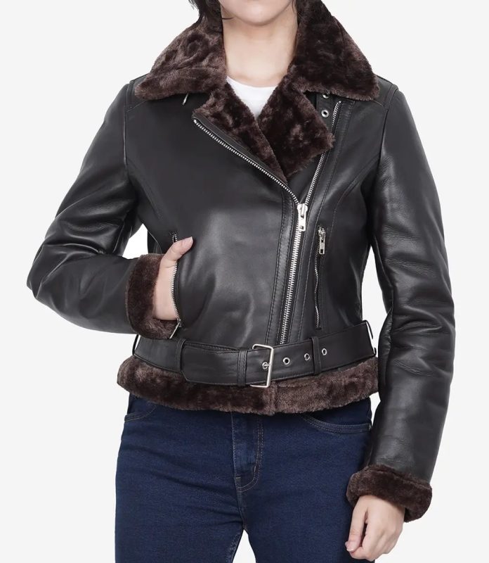 Women's Dark Brown Leather Jacket with Luxurious Shearling Interior