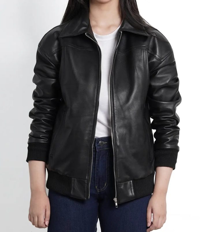 Women's Fashion Black Oversized Leather Bomber Jacket