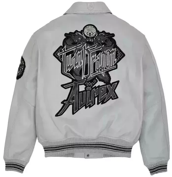Men's Avirex Limited Edtion Grey Twin Dragon Leather Jacket - Back