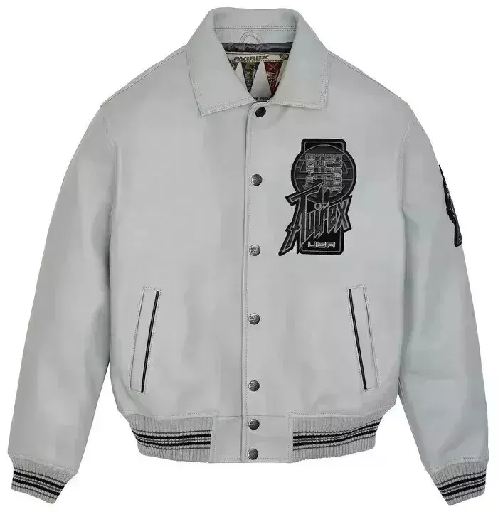 Men's Avirex Limited Edtion Grey Twin Dragon Leather Jacket - Front