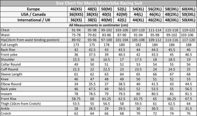 motorbike leather suit size chart