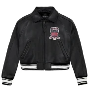 Women's Avirex Simple Jet Black Cropped Leather Jacket - Front
