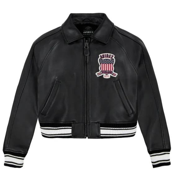 Women's Avirex Simple Jet Black Cropped Leather Jacket - Front