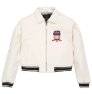 Women's Avirex Snow White Cropped Leather Jacket - Front