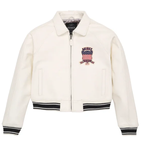 Women's Avirex Snow White Cropped Leather Jacket - Front